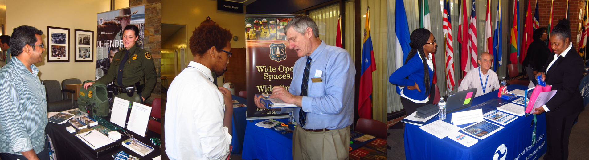 Collage of government recruiters speaking with attendees of a FAPAC career fair