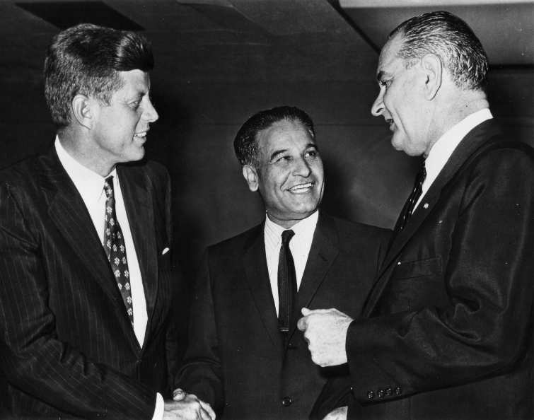 John F Kennedy (left), Dalip Singh Saund (center), Lyndon B Johnson (right), 1958 Photo courtesy of Eric Saund & Smithsonian
